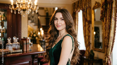 Woman with long brown hair smiling in a hair salon with a green sweater on