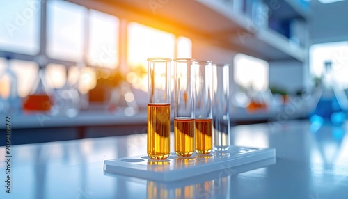 Glass laboratory test tubes filled with golden liquid for science research and analysis