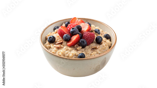 Billede på lærred A round ceramic bowl filled with healthy morning oatmeal breakfast porridge topp