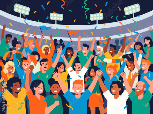 Excited Diverse Crowd Cheering in Stadium Confetti. Happy people celebrating a goal at sports events with falling confetti