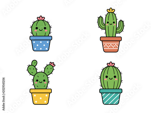 Four Cute Kawaii Cacti Characters in Colorful Pots. Four smiling succulent plants in vibrant patterned flower pots decors