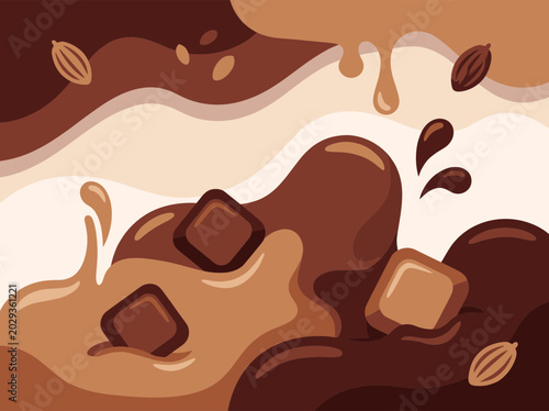 Melting Dark Milk Chocolate Waves with Cocoa Beans. Swirling waves of dark and milk chocolate with cocoa beans and chunks
