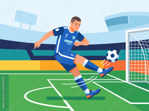 Professional Soccer Player Kicking Ball into Goal. Professional athlete kicks a soccer ball towards goal inside a stadium