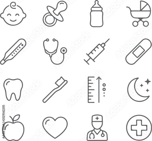 Baby health care icons set line art medical symbols for newborn baby.