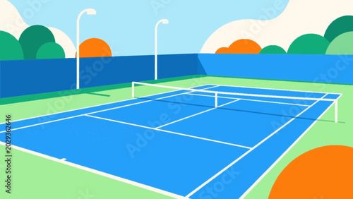 Empty blue tennis court outdoor sport background flat vector illustration