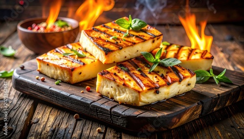 Sizzling Grilled Halloumi Cheese Slices with Fresh Basil on a Rustic Wooden Board, Served Hot with Flames