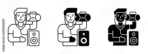 Photos Man with Boombox and Speaker, Music Lover Icon Set, Retro Audio Equipment