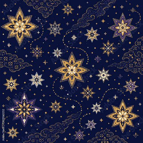 Vászonkép Truntum Galaxy Celestial Batik Seamless Pattern with Eight Pointed Star Flowers,