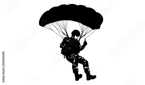 Foto Airborne Paratrooper Soldier Landing with Open Parachute Vector Illustration
