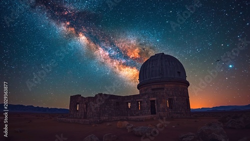Ancient observatory ruins under glowing milky way sky in remote desert, cinematic astrophotography atmosphere, realistic stone textures, ultra detailed stars and cosmic