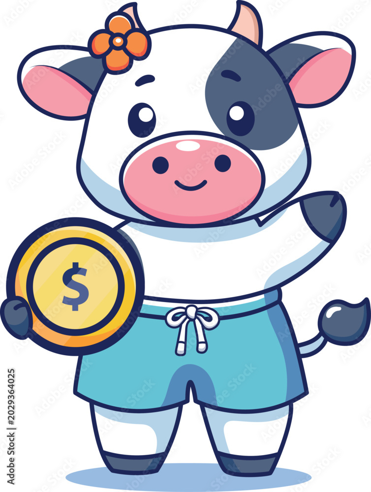 Obraz premium A cartoon cow cheerfully holding a shiny coin in its hoof, smiling at the viewer.