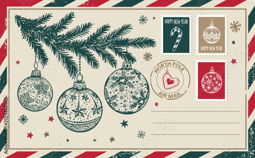 Tableau sur toile Vintage Christmas Postcard with Holiday Ornaments and Stamps