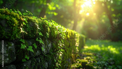 Moss Covered Ancient Stone Wall in Sunlit Forest Setting