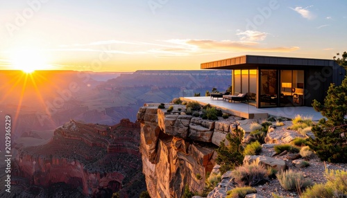 Modern architectural marvel perched on a rugged cliff overlooking a breathtaking canyon at sunset