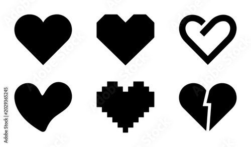 Foto Diverse Heart Icons Set, Vector Graphics, Love Symbols, Broken Heart, Pixel Art,