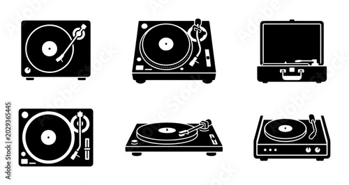 Schilderij op canvas Turntable Icons Set, Vinyl Record Player Vector Graphics, DJ Equipment Collectio