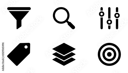 Valokuva Set of 6 Black Icons: Funnel, Search, Sliders, Tag, Layers, Target