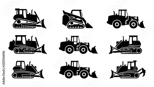 Obraz na płótnie Construction Equipment Icons, Heavy Machinery Vector Set, Bulldozer Loader Silho
