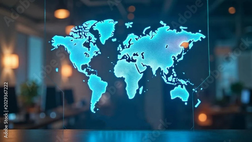 Blue hologram of global business graphs. 