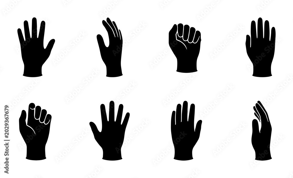 Fototapeta premium Set of 8 Black Hand Gestures, Vector Icons for Communication and Interaction