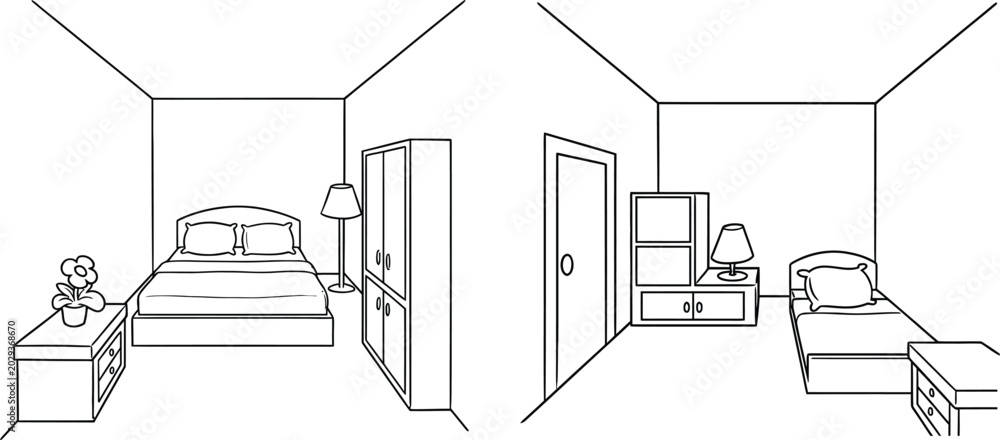 Fototapeta premium Bedroom Interior Isometric Line Art Furniture Vector Illustration Background