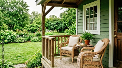 Relaxing Wicker Chairs on Green Porch With Garden View for Lifestyle Advertising Wicker Chairs Porch