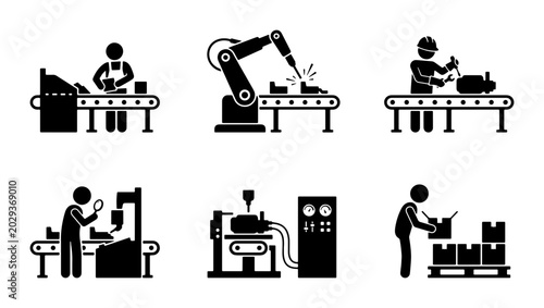 Industrial Automation Icons: Manufacturing, Robotics, Assembly Line, Quality Control, Packaging