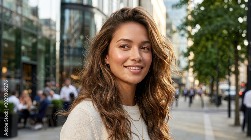 Woman with long brown hair smiling in a hair salon with a green sweater on