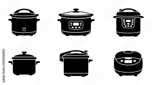 Slow Cooker Icons, Pressure Cooker Vector Set, Kitchen Appliance Silhouettes, Food Preparation Graphics