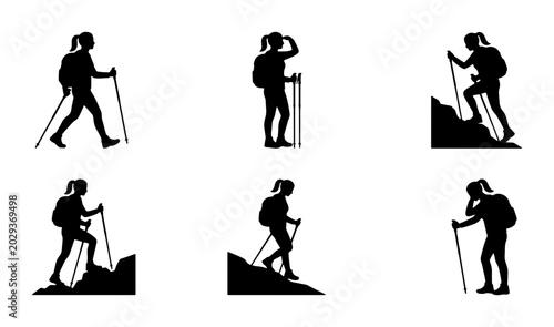 Hiking Silhouette Icons, Mountain Trekking Woman Vector Set, Outdoor Adventure Activity Collection