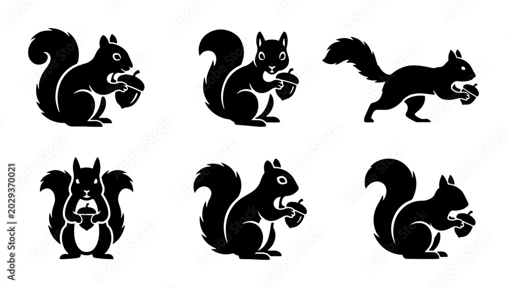 Obraz premium Black Squirrel Icons, Cute Rodent Vector Graphics, Woodland Animal Silhouettes, Nature Set