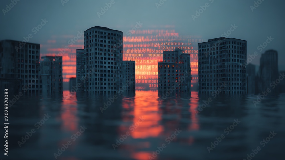 Fototapeta premium A digital cityscape submerged in water at sunset, with glowing orange code projected onto buildings, symbolizing the fusion of technology and urban life.