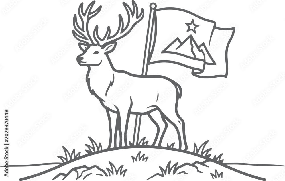 Fototapeta premium Majestic deer stands proudly holding a flag with mountain and star on hill with grass.