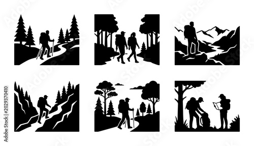 Canvastavla Hiking Silhouettes, Mountain Trekkers, Outdoor Adventure Vector Icons, Nature Ex
