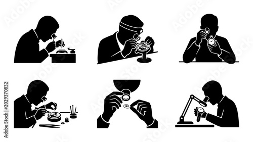 Vászonkép Watchmaker Silhouettes, Precision Repair Icons, Craftsmanship Set, Timepiece Ser