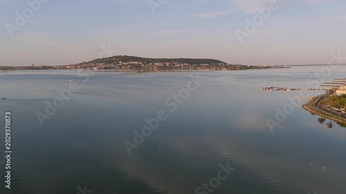 Aerial panorama of Mont Saint Clair de Sète at sunrise in Hérault in Occitanie, France