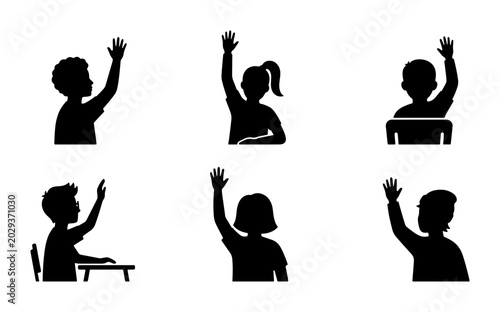 Student Hands Raised Silhouettes, Classroom Participation Icons, Education Questions Vector Set
