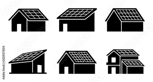 Solar Panel Houses Icons, Renewable Energy Buildings Vector Set, Eco-Friendly Architecture Graphics