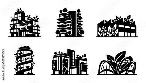 Eco-friendly building icons, sustainable architecture vector set, green city concepts