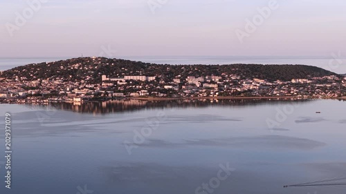 Aerial panorama of Mont Saint Clair de Sète at sunrise in Hérault in Occitanie, France