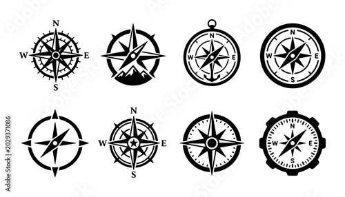 Vintage Compass Icons Set, Nautical Navigation Symbols, Retro Directional Tools, Marine Adventure Graphics