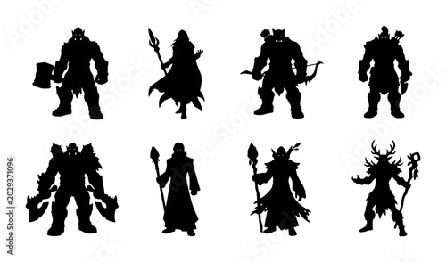 Foto Fantasy Warrior Silhouettes, Orcs and Mages Set, Dark Hero Characters, Mythical