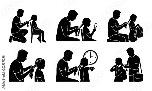 Father Braiding Daughter's Hair, Family Bonding Vector Icons Set, Parenting Moments Collection