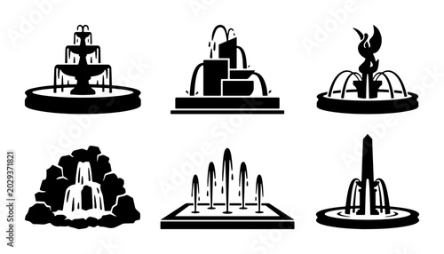 Vector Fountain Icons Set: Water Features, Park Elements, Landscape Design Graphics