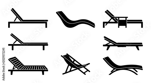 Quadro su tela Chaise Lounge Silhouettes, Outdoor Furniture Vector Icons, Beach Chair Set, Rela