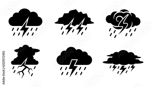 Canvastavla Stormy Weather Icons, Thunderstorm Cloud Symbols, Lightning Bolt Vector Set, Rai