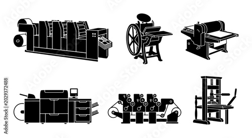Foto Vintage Printing Press Icons, Industrial Machinery Vector Set, Retro Print Shop