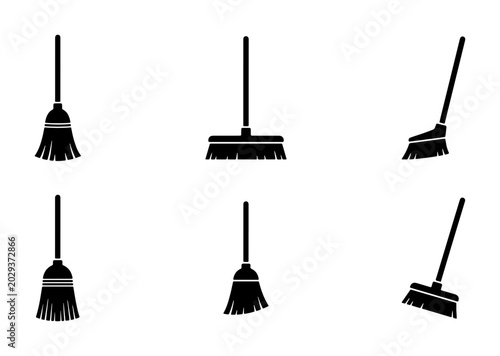 Konstfotografi Broom Icons Set, Cleaning Tools Vector Graphics, Household Supplies Silhouettes