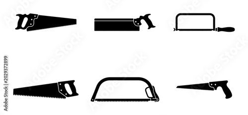 Tableau sur toile Set of Six Black Saw Icons, Hand Tools for Woodworking and Construction