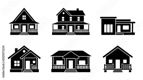 Set of Six Black House Icons, Residential Building Silhouettes, Simple Home Vector Graphics